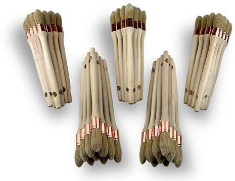 Kibros Lot 50 pinceaux à rechampir Brosse Ronde Soie Blanche Ø 21 mm | Soie blanche, virole cuivrée, manche bois brut, rechampissage découpé moulures plinthes volets boiseries.