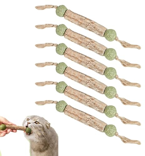 Butyeak Palitos de Hierba Gatera,6 Piezas Masticar Palos Gato,Silvervine Palitos de Catnip,Matatabi con Bola de Hierba Gatera,Juguetes Interactivos para Gatos de Limpieza de Dientes,22x2cm