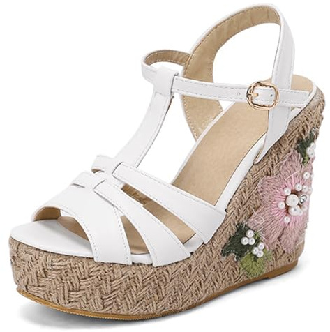 MiaZane Sandalias de Cuña Mujer Tacón de Esparto Grueso Tira T Floreal Plataforma Zapatos Adornos de Perlas para Salidas de Verano y Fiestas en el Jardín,Blanca,38 EU