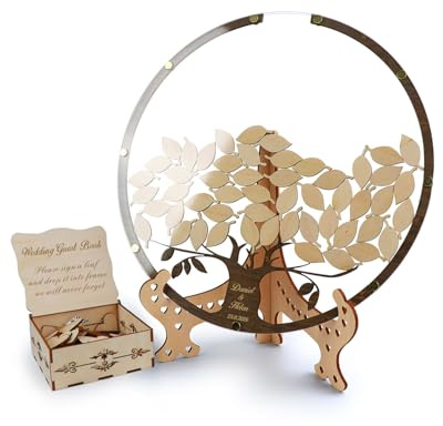 HZGUEOSTB Livre d’or Arbre Personnalisable – Livre d’or de Mariage Alternatif avec Feuilles et Boîte – Cadre Rond en Bois et Acrylique pour Décoration Rustique (Anniversaire, Naissance)