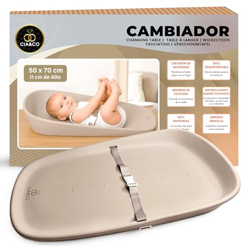 Cambiador Bebé 50x70 cm de Espuma PU Suave (No Rígido), Impermeable e Higiénico, Antideslizante, Bordes Elevados, Cinturón de Seguridad y Medidor Estatura, Portátil para Cómoda, Cama o Viaje (Beige)