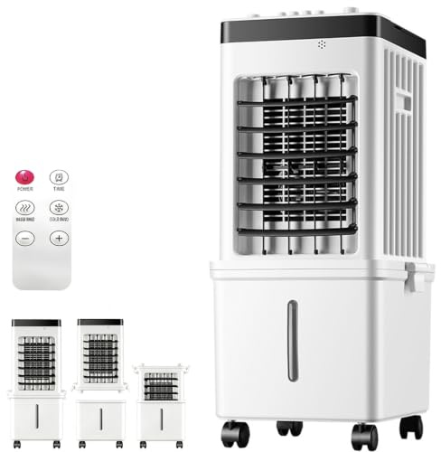 Condizionatore d'Aria Portatile, Raffreddatore d'Aria Evaporativo 4 in 1 con Serbatoio Acqua da 15L, 3 Velocità, Timer 7,5H, Controllo Remoto, Display LED, Ventola di Raffreddamento con Bustine di