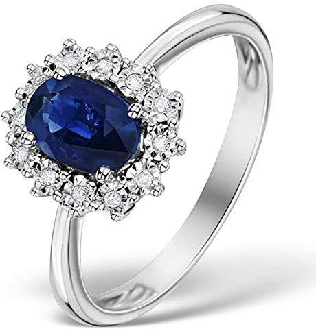 Dam sterling silver blå syntetisk safir och vit kubisk zirkon (CZ) oval kluster förlovningsring - PETITE kopia Kate Middleton/prinsessa Diana Ring/The Royal Ring - finns i storlekar: J-R, J, Metall