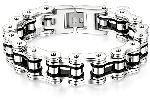 JewelryWe Schmuck Herren Armband, Poliert Breit Link Fahrradkette Biker Armreif, Edelstahl, Schwarz Gold Rot Silber