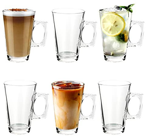 Vinsani 6 Pack Latte Coffee Glasses - 200ml (7oz) - Pack of 6 Glasses - Ideal for Tea, Coffee, Cappuccino, Hot Chocolate, Ice Cream & Espresso - Mugs with Handles