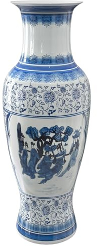Red Lantern Large 36 Ladies Blue & White Porcelain Tung Chi Vase or Cachepot for Indoor/Outdoor Use in Garden Entryway Living Room Boho Eclectic Modern Contemporary Classic Traditional Style Decor
