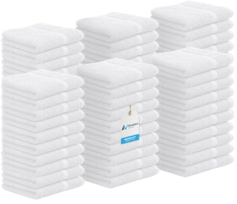 Avalon Towels Cotton Washcloths – (Pack of 60) Size 12x12 Inches, 100% Ring Spun Cotton, Soft & Absorbent Face Towels, Gym Towels, Hotel and Spa Quality, Reusable Fingertip Towels (White)