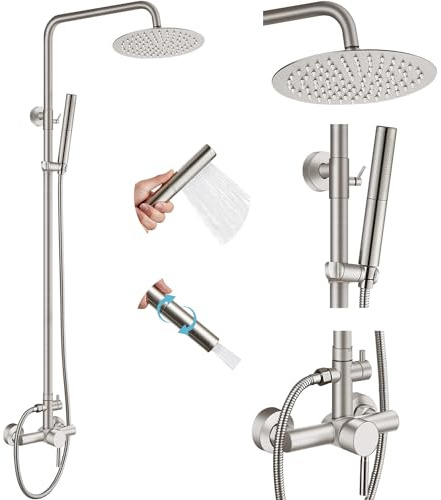 Midanya Outdoor Dusche Befestigung Set Gebürstetes Nickel 8 Zoll Regenduschkopf mit 2 in 1 Zylinder Handbrause Wandhalterung Einstellbare Schiebestange SUS 304 Edelstahl Einhandgriff Duscharmatur