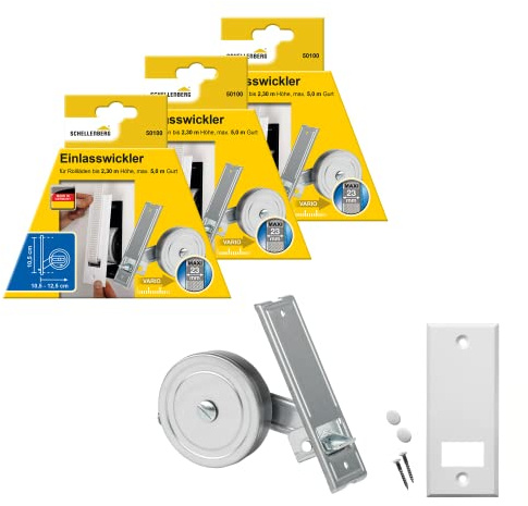 3 er Set Schellenberg 50100 Einlasswickler MAXI + 53103 Abdeckplatte Standard, Lochabstand 10,5 cm, Gurtwickler für Rollladengurte mit 23 mm Breite