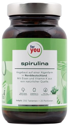 for you spirulina aus premium Algen in Norddeutschland - 250 Tabletten Spirulina Algen Presslinge - 100% reines Naturprodukt - Kontrollierter Anbau auf Algenfarm in DE - Mit Eisen & Vitamin K