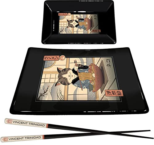 Vincent Trinidad Sushi Set with Ceramic Sushi Platter, Dipping Tray and Lacquered Wooden Chopsticks (Neko Cat Design) - Official Merchandise, GP85783