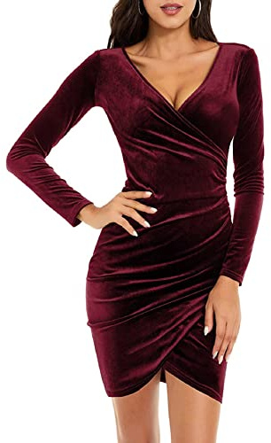 Nadeer Evening Dress Ladies Party Dresses Womens Velvet Wrap V Neck Long Sleeve Ruched Mini Dress Elegant Bodycon Cocktail Midi Dress(Wine Red,M)