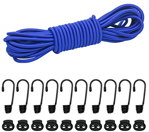Dondeen Elastic Cord,Shock Cord Heavy Duty Elasticated Shock Cord Black Bungee Cords with Hooks and Spring Cord Lock for Caravan Cargo Craft Rack (6mm x 10M, Blue)