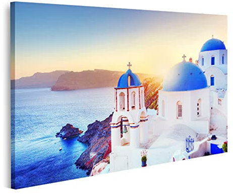 islandburner Bild auf Leinwand Oia Stadt Auf Santorini Griechenland Bei Sonnenuntergang Wandbild Poster Bilder 100x57cm