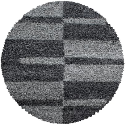 HomebyHome Hochflor Teppich Rund 200 cm Grau Weicher Shaggy Flokati mit modernem Karomuster Großer Bodenteppich für Wohnzimmer, Essbereich oder Schlafzimmer Pflegeleicht