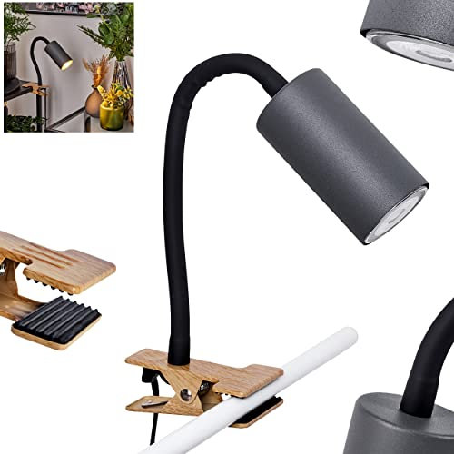 Klemmleuchte Javel, moderne Klemmlampe aus Metall/MDF in Schwarz/Holzoptik/Braun/Anthrazit, Leseleuchte mit An-/Ausschalter am Kabel und beweglichem Leuchtenkopf, 1x GU10 ohne Leuchtmittel