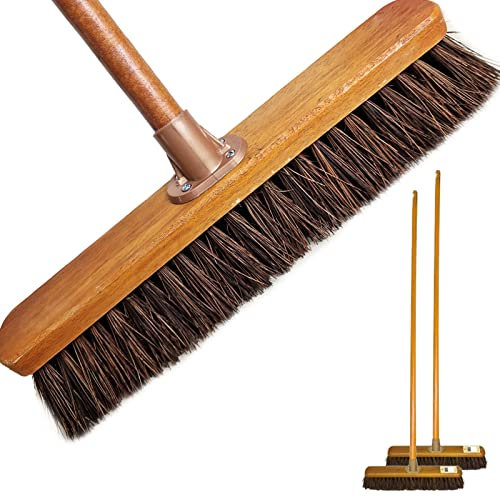 18” Stiff broom Natural Bassine Hard Bristle Outdoor Broom with Wooden Handle Cleaning Brush for Patios and Deck Cleans Dirt Perfect for Artificial Grass Brush and Industrial Cleaning (Pack of 2)
