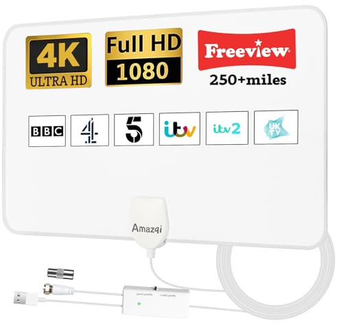 Amazqi TV Aerial Indoor 250+ Miles Long Range,Digital TV Aerial for Freeview TV,4K TV Antenna with Signal Booster and 5M Cable - for Local Channels - White