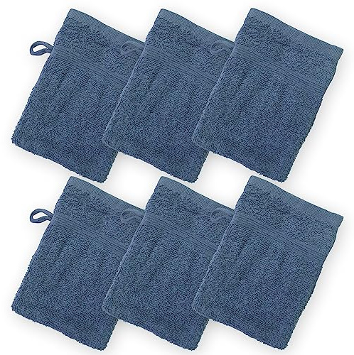 Homewear High Rise Stripe 6 Pack 6 x 8.5 Wash Mitt Set, Low Twist, Highly Absorbent, Gentle Hand and Face Cloth, European Style with Loop, Indigo
