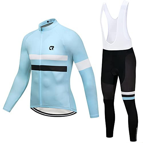 CR Winter Herren Radtrikot Langarm Thermo Fleece Bike Jersey + Trägerhose Winter Fahrradbekleidung Set für Männer, Hell, blau, XXX-Large
