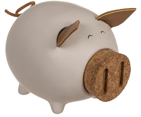 Hucha Cerdito Cerámica con Orejas y Rabo. Hucha Original con Tapón de Corcho en Hocico. (Blanco)