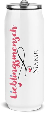 PR Print Royal Edelstahl-Trinkflasche personalisiert mit Name - Lieblingsmensch - Cola-Dosen-Optik, Geschenk für Freunde | Doppelwandig, Klappbares Mundstück mit Trinkhalm, Weiß, ca. 420 ml