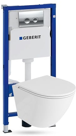 Lavita Duofix Basic Vorwandelement + Wand Tiefspül WC Sofi One Weiß Spülrandlos + WC Sitz + Bedienplatte Delta 25 Verchromt Knopf Komplettset Unterputz Spülkasten Toilette Komplett Sett WC