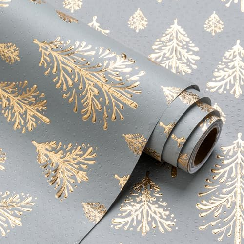 RUSPEPA Rollo De Papel De Regalo Navideño Kraft 3D - Mini Rollo - 43,2 Cm X 5 M - Diseño De Árbol De Navidad Dorado Y Gris Claro Con Relieve Perfecto Para Vacaciones, Celebración De Fiestas