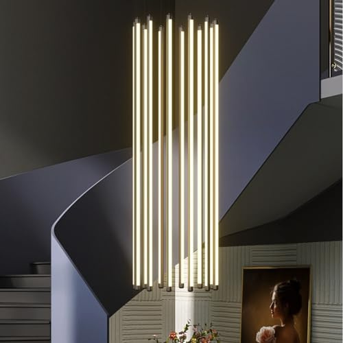 DOCJX LED Treppe Pendelleuchte Modern Treppenleuchte Hängeleuchte Dimmbarer Kronleuchter Aluminium Treppe Licht Höhenverstellbar Deckenleuchte Villa Treppenhaus 3000K–6000K Acryl Wohnzimmer Eingan(Inf