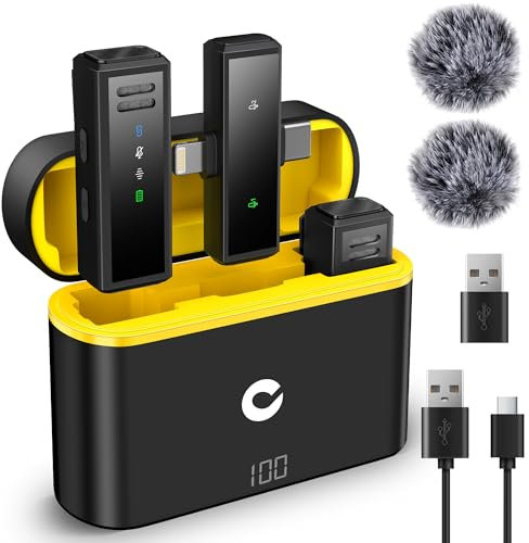 CAHAYA Wireless Lavalier Microphone Clip on Lapel Plug Play with Type-c and Lightning Connectors for Phone Laptop PC for Video Vlogging and Live Streaming with 2 Mics and 2 Windscreens to Reduce Noise