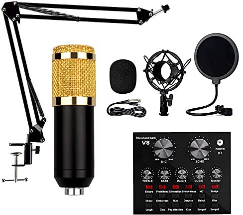 AKALNNB V8 Condenser Microphone Bundle with Bm-800 Live Sound Card, Adjustable Mic Arm Stand, Metal Shock Mount and Double-Layer Pop Filter Vocal Microphones