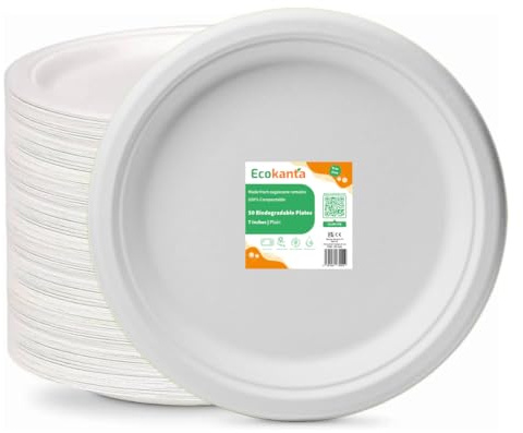 Ecokanta Paper Plates (7 Inch / 50 Pack) - Heavy Duty, Eco-Friendly & Disposable - Biodegradable Round Plate 17cm - Suitable for Hot & Cold Food - Party Plates - Perfect for Everyday use