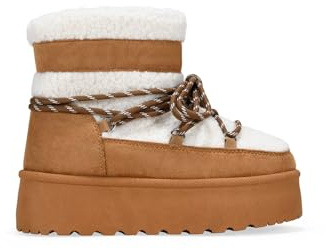 BOSANOVA Botas de Nieve para Mujer con Pelo de Borreguillo Beige y Suela de Plataforma Dentada de 4.5 cm. Cierre Mediante Cordones. No Son Impermeables. Calzado para Mujer Cuero 38