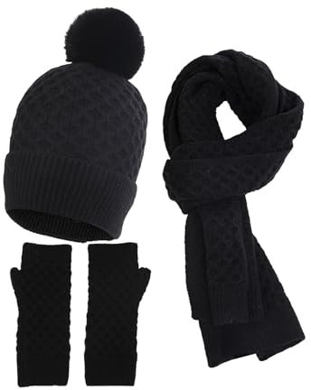 Surttan Schal Mütze Set Damen Fleece Damenmütze Mit Bommel Fleece Gefüttert Haube Plüsch Gloves Gefüttert Loop Schal Gestrickte Elegant Strickmützen Handschuhe Kaschmir Dreieckschal Winter Set