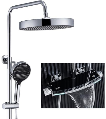 HKTHE Colonne de Douche Thermostatique, 10/25cm Ensemble de Douche avec Affichage Numérique LED, Colonne de Douche pour Baignoire avec Cascade Robinet, Douchette À Main 5 Modes, 59A Laiton