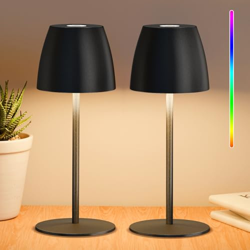 FUYO 2er kabellose Tischlampe Wasserdicht LED Akku Tischleuchte Dimmbar Warmes Weiß und RGB für Außen/Restaurant/Schlafzimmer/Bars/Camping (Schwarz)