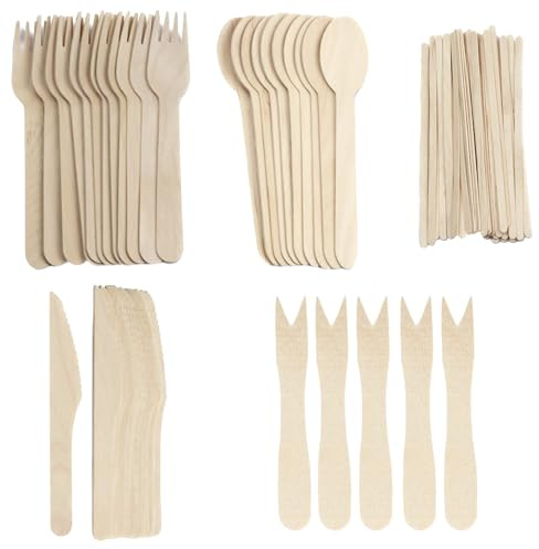 500 piezas - Juego de cubiertos desechables de madera, cubiertos desechables (100 tenedores, 100 cuchillos, 100 cucharas, 100 mini tenedores y 100 agitadores desechables