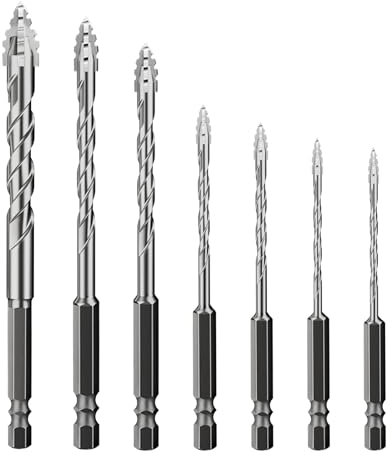 Set di 7 punte per piastrelle con punte eccentriche a quattro tagli, codolo esagonale, punta in metallo duro ad alta resistenza, 3/4/5/6/8/10/12 mm, per piastrelle, cemento, mattoni, vetro, plastica e