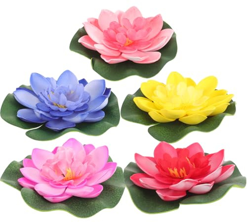 Sewroro 5pcs Artificial Floating Foam Lotuses Flower with Water Lily Pad for Pond 10cm Realistic Water Floating Lotuses Fake Lily Pad Lifelike Ornanment Home Garden Pond Decoration