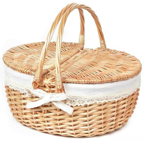 Cestino in vimini intrecciato a mano, cestino da picnic in vimini con coperchio, robusto cestino da picnic in materiale naturale per esterni, campeggio e decorazioni, cestino portatile per pane con