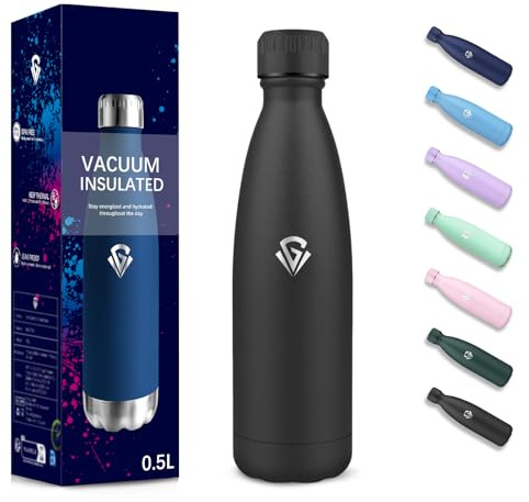 Borraccia Termica, 500 ml Senza BPA, Borraccia, Isolamento Sottovuoto a Doppia Parete, Borracce Acciaio Inox, 304 Acciaio Inossidabile, Bottiglia Termica per Scuola, Viaggi, Jogging, Campeggio - Nero
