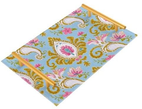 Plateau de service décoratif rétro tendance avec poignées - Motif cachemire - Doré et bleu - Pour bijoux, parfum - Pour service moderne