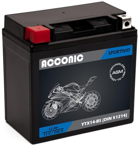 ACCONIC Sportivo AGM YTX14-BS Motorradbatterie 12Ah 12V 200A DIN 51214 Maße: 150 x 87 x 146 mm ideal für Roller, Moped, Quad & Motorrad – wartungsfrei, & auslaufsicher