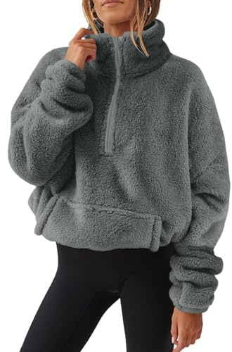 Yutdeng Felpa da Donna in Pile Sherpa con Mezza Zip Invernale Maglione a Maniche Lunghe Morbido Pullover con Tasca vestibilità Ampia Casual Giacche Tinta Unita Sweatshirt,Grigio Scuro,XL