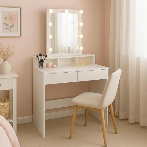Harbour Housewares Wooden Dressing Table with LED Mirror & Lights - White Bedroom Vanity Makeup Desk Set with Storage Drawers, Plug Sockets & Organiser, 80 x 40 x 145cm