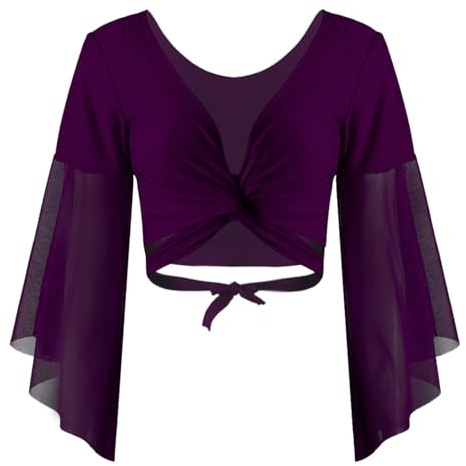 Mifeiwukawa Damen 3/4 Tüll ausgestellte Ärmel Latin Bauchtanz Top Tie Wrap Ballsaal Tanzen Crop Top Shirts, dunkelviolett, One size
