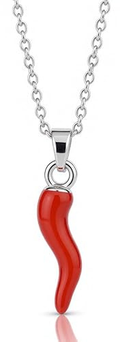 DEIMODRA - Collana Peperoncino Donna in Acciaio | Collana con Ciondolo Corno Cornetto Rosso Portafortuna | Simbolo Porta Buona Fortuna | Color Argento