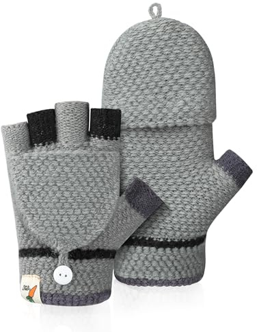 Kiiwah Kinder Handschuhe Fingerlos mit Kappe, für 2-5 Jahre Jungen Mädchen, Winter Warme Fingerlose Strickhandschuhe Fingerhandschuhe Fäustlinge Kinderhandschuhe (Grau)