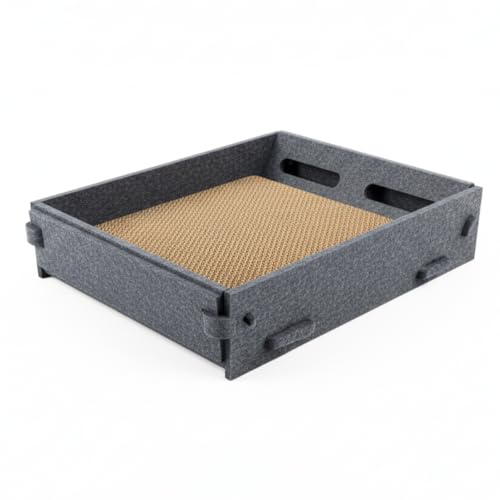 Katzenbett mit austauschbarem Kratzbrett aus Pappe 43×33×8 cm – Kratzpappe für Katzen und Spielball – Kratzliege aus Stoff – Kratzmöbel Katzenzubehör zum Schlafen, Spielen & Kratzen - Grau