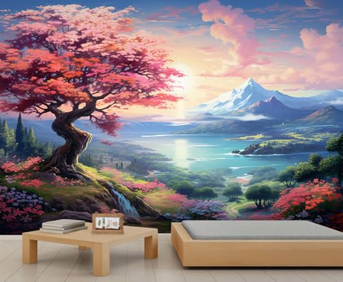 Papier peint mural en fleurs de cerisier, volcan, papier peint paysage japonais pour salon, chambre à coucher, bureau, décoration de fond TV – 350 x 256 cm